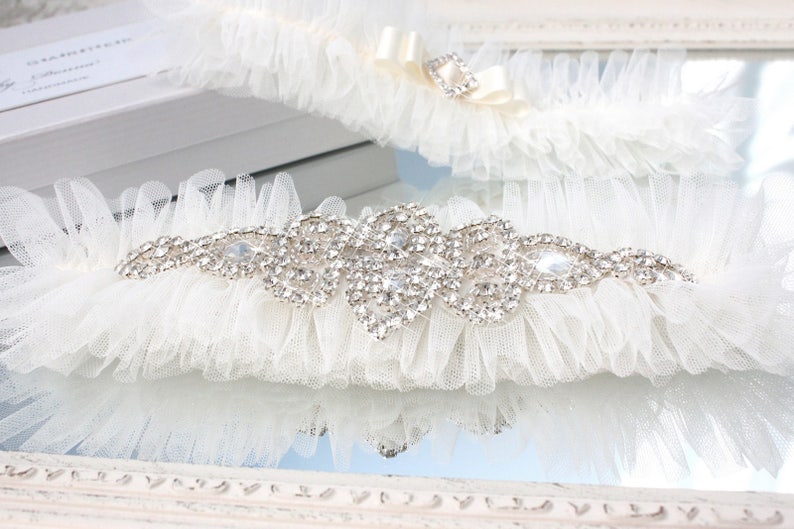 ivory tulle wedding garter set with crystals, ivory bling garter set, ivory gatsby garter set, crystal garter set, ivory tulle garter set image 2