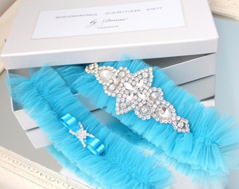 turquoise blue greece wedding garter set, turquoise tulle garter set, turquoise blue bling crystals garter set, something blue for bride