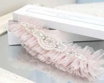 Dusty Rose Tulle Wedding Garter, Beaded Bridal Garter
