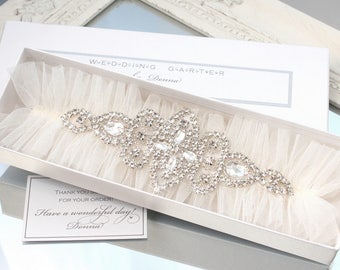 giarrettiera avorio, giarrettiera da sposa avorio, giarrettiera in tulle avorio, giarrettiera con brillantini avorio, giarrettiera in stile Gatsby, giarrettiera di cristalli, giarrettiere da sposa