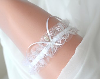 pure snow white wedding tulle garter with gold for bride, white bridal garter with gold, white lace garter with gold, white garter with gold