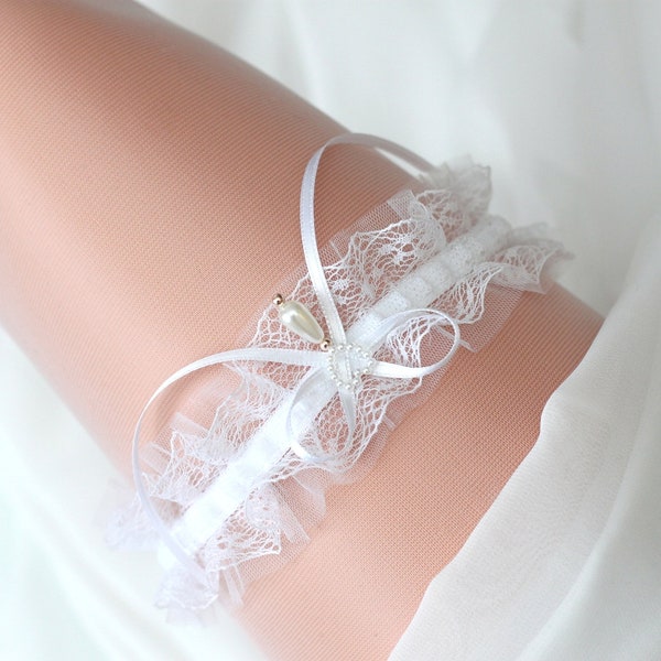 pure snow white wedding tulle garter with gold for bride, white bridal garter with gold, white lace garter with gold, white garter with gold