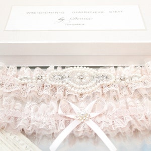 blush pink lace garter set, blush pink tulle garter set, blush pink garter set, blush pink wedding garter set, blush rose wedding garter set image 3