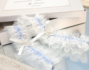 something blue wedding garter set, white tulle and lace garter set with blue, white garter set with blue, lace garter set, tulle garter set