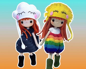 May include: Two handmade crochet dolls, one in a cloud hat and navy dress, the other in a sun hat and rainbow dress. The dolls have red hair and black boots. The image includes the text "PDF CROCHET PATTERN (ENGLISH LANGUAGE)" and "Rainshine 雨晴".