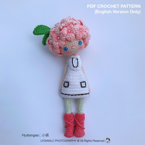 English: Crochet Doll Pattern-Flower Girl, Hydrangea
