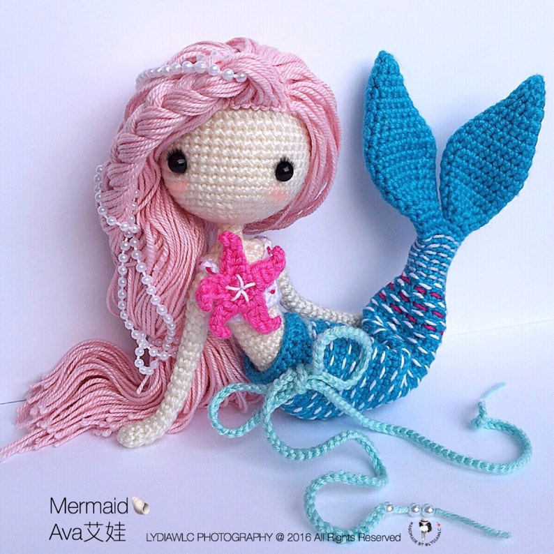 English: Crochet Doll Pattern-Mermaid-Ava艾娃. A crochet doll with 2 look, mermaid or little girl image 1