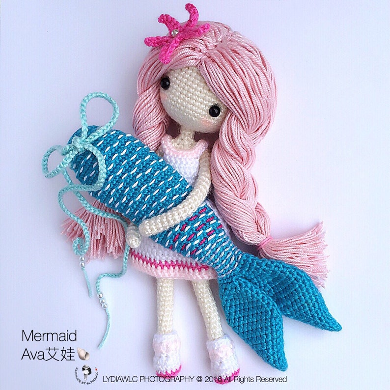 English: Crochet Doll Pattern-Mermaid-Ava艾娃. A crochet doll with 2 look, mermaid or little girl image 4