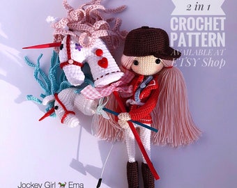 English: Crochet Doll Pattern(2 in 1)-Jockey Girl Ema 艾玛 & EE Unicorn Hobby Horse