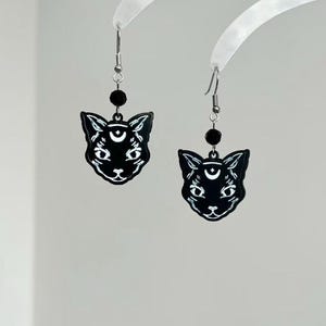Black Cat Earrings, Gothic Cat Dangle Earrings, Cute Kitty Earrings, Cat Moon Earrings, Animal Jewelry, Gift for Cat Lovers & Pet Owners