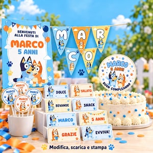 May include: A Bluey-themed birthday party set featuring a welcome sign, triangular bunting spelling MARCO, a round cake topper, and rectangular food labels. The items display cartoon dogs, paw prints, and the text MARCO 5 ANNI and BUON COMPLEANNO.