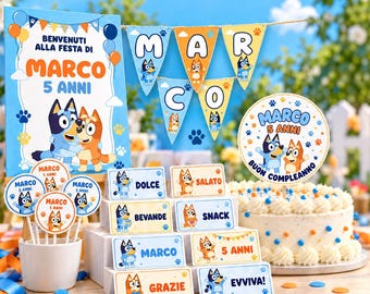 May include: A Bluey-themed birthday party set featuring a welcome sign, triangular bunting spelling MARCO, a round cake topper, and rectangular food labels. The items display cartoon dogs, paw prints, and the text MARCO 5 ANNI and BUON COMPLEANNO.