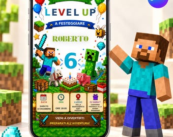 May include: A smartphone displaying a digital birthday invitation with Minecraft-themed graphics, featuring the text LEVEL UP, ROBERTO, and the number 6, alongside a blocky character figurine standing to the right of the device on a surface.