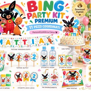 May include: A Bing party kit featuring 11 customizable items including a cake topper, popcorn box, water bottle labels, juice labels, bubble labels, lollipop toppers, thank you tags, and a chip bag wrap, all decorated with Bing, Sula, and Pando characters.