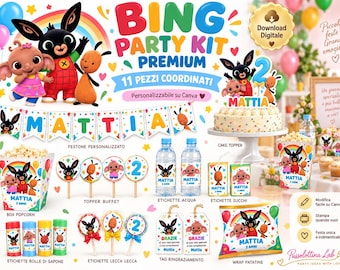 May include: A Bing party kit featuring 11 customizable items including a cake topper, popcorn box, water bottle labels, juice labels, bubble labels, lollipop toppers, thank you tags, and a chip bag wrap, all decorated with Bing, Sula, and Pando characters.