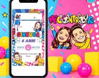 May include: A smartphone displaying a digital birthday invitation for Ginevra, age 6. The invitation features cartoon illustrations of two people, the text 'Me Contro Te', 'Ti invito al mio compleanno', 'Ginevra', '6 anni', date, time, and location details.