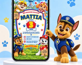May include: A smartphone displaying a Paw Patrol themed birthday invitation for Mattia, age 3, with text details including date, time, and location. Beside the phone stands a brown and tan German Shepherd puppy figurine wearing a blue police uniform.