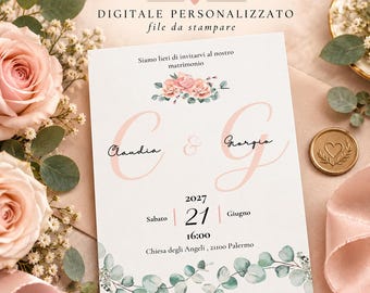 May include: A wedding invitation card featuring the text INVITO MATRIMONIO DIGITALE PERSONALIZZATO, with large pink initials C and G, the names Claudia and Giorgio, and the date Saturday, June 21, 2027, at 16:00, Chiesa degli Angeli, Palermo.