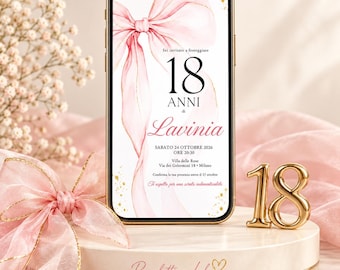 May include: A smartphone displaying a digital invitation for an 18th birthday party for Lavinia, featuring a watercolor pink bow graphic, gold accents, and event details including the date, time, and location, set on a circular display stand.