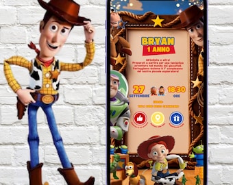 May include: A digital invitation displayed on a smartphone screen featuring Toy Story characters including Woody, Buzz Lightyear, and Jessie. The text reads BRYAN 1 ANNO, 27 SETTEMBRE, 18:30 ORE, and VILLA REBE GRUPO CATANZARO, alongside a standing Woody figure.