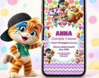 May include: A smartphone displaying a digital birthday invitation for Anna, featuring cartoon cats, colorful polka dots, and party details. Beside the phone stands a 3D-rendered orange tabby cat character wearing a black baseball cap and green shirt.