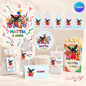 May include: A party supply set featuring Bing the rabbit and friends, including a rectangular sign, five triangular hats, a round topper, a water bottle label, a favor bag with a tag, a juice box wrap, and a popcorn box, all labeled Mattia 2 Anni.