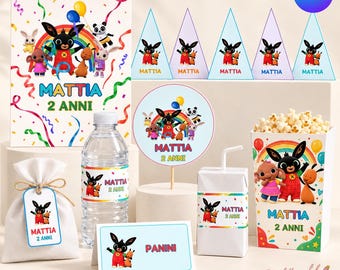 May include: A party supply set featuring Bing the rabbit and friends, including a rectangular sign, five triangular hats, a round topper, a water bottle label, a favor bag with a tag, a juice box wrap, and a popcorn box, all labeled Mattia 2 Anni.