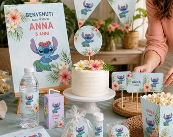 May include: A party decoration set featuring Stitch from Lilo & Stitch, including a welcome sign, cake topper, water bottle label, juice box, favor bag, bubble wand, lollipop, and popcorn box, all printed with tropical flowers and the text Anna 5 Anni.
