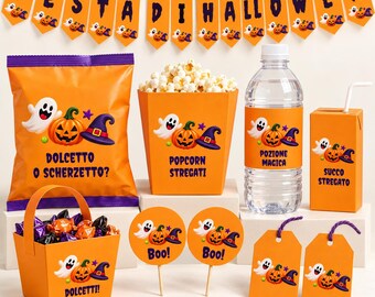May include: A Halloween party set featuring orange items with ghost, pumpkin, and witch hat graphics. Includes a banner reading FESTA DI HALLOWEN, a snack bag, a popcorn box, a water bottle, a juice box, a candy basket, two round toppers, and two tags.