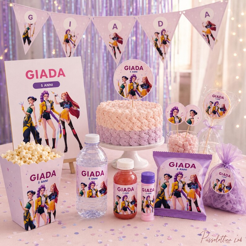 May include: A party set featuring the name GIADA 5 ANNI, including a cake topper, popcorn box, water bottle, juice bottle, bubble wand, snack bag, and favor bag, all decorated with illustrations of three animated characters in colorful outfits.