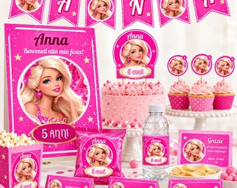 Premium Barbie Party-Set, 11 druckbare und bearbeitbare Geburtstagsdekorationen auf Canva