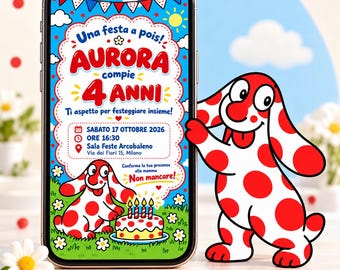 May include: A smartphone displaying a digital birthday invitation for Aurora's 4th birthday party on October 17, 2026, featuring a white dog with red spots, a birthday cake, and blue sky background, next to a matching cartoon dog figure.