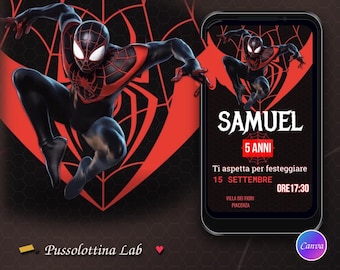 May include: A digital invitation featuring a black and red Spider-Man character in a dynamic pose. The text reads SAMUEL, 5 ANNI, Ti aspetta per festeggiare, 15 SETTEMBRE, ORE 17:30, VILLA DEI FIORI PIACENZA, and Pussolottina Lab with a small heart icon.