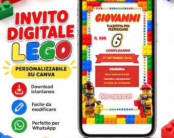 May include: A digital birthday invitation displayed on a smartphone screen, featuring a colorful building block border, two firefighter minifigures, and text in Italian announcing Giovanni's 6th birthday party on September 27, 2026, at Ludoteca Arcobaleno.