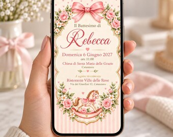 ヴィンテージ風タツノオトシゴ柄ベビーガール洗礼キット｜デジタル招待状、メニュー、Canva製ギフトタグ