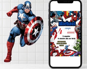May include: A Captain America wall decal and a smartphone displaying a digital birthday invitation featuring various superheroes, the text Michael compie 4 anni, Ti aspetto 11 ottobre alle ore 18:00, and Gommolandia Parco dei Ciliegi Verona.