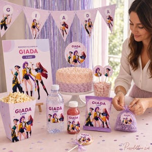 May include: A birthday party set featuring a cake, popcorn box, water bottle, juice bottle, snack bag, and favor bag, all decorated with purple and pink graphics of three animated characters and the text Giada 5 Anni, plus a matching banner.