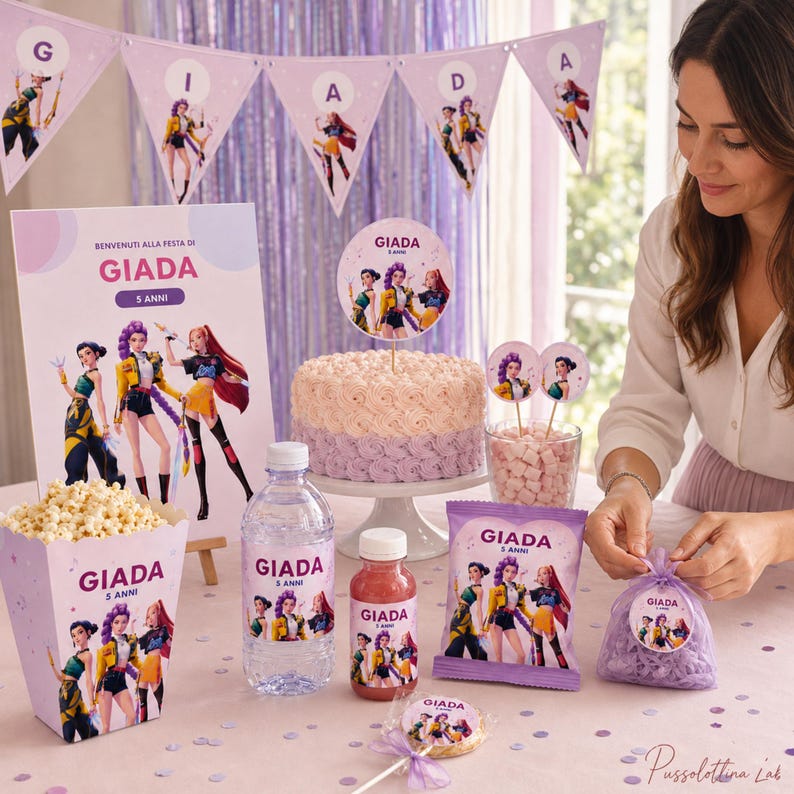 May include: A birthday party set featuring a cake, popcorn box, water bottle, juice bottle, snack bag, and favor bag, all decorated with purple and pink graphics of three animated characters and the text Giada 5 Anni, plus a matching banner.