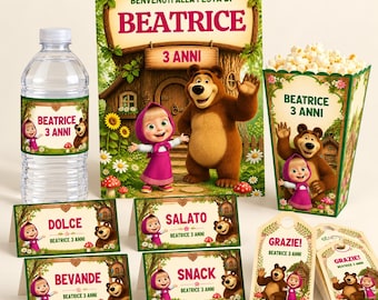 May include: A Masha and the Bear themed party set featuring a water bottle label, a rectangular sign, a popcorn box, four food tent cards, and gift tags. All items display the text Beatrice 3 Anni, featuring Masha and the Bear graphics.
