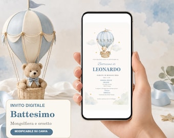 Könnte beinhalten: Eine digitale Taufeinladung auf einem Smartphone-Bildschirm mit einer Aquarellillustration eines Teddybären in einem hellblauen Heißluftballon, inklusive des Namens LEONARDO und Veranstaltungsdetails in italienischer Sprache.