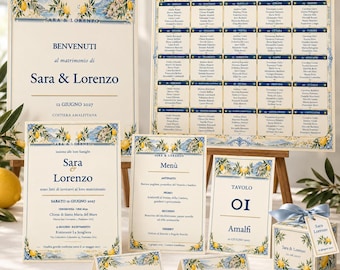 May include: A wedding stationery set featuring a cream background with blue and yellow lemon illustrations. Includes a welcome sign, seating chart, invitation, menu, table card, place cards, and a favor box with a blue ribbon.
