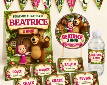 May include: A Masha and the Bear themed party decoration set featuring a banner spelling BEATRICE, a welcome sign, a circular cake topper, a water bottle label, and several food tent cards with the text DOLCE, BEVANDE, SALATO, SNACK, GRAZIE, and EVVIVA.
