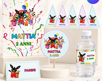 May include: A birthday party set featuring Bing Bunny characters, including a rectangular sign, five triangular pennants, a circular cake topper, a food label card, and a water bottle, all printed with the name Mattia and the text 2 Anni.