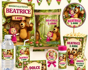 May include: A party supply set featuring Masha and the Bear characters, including a banner spelling BEATRICE, a sign, a snack bag, a popcorn box, a water bottle, a juice box, a lollipop, a bubble wand, and a gift tag, all labeled BEATRICE 3 ANNI.