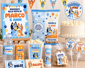 May include: A Bluey-themed party decoration set featuring a welcome sign, popcorn box, water bottle label, chip bag, bubble wand, lollipops, and food labels. All items display the name Marco, the age 5, and illustrations of Bluey and Bingo characters.