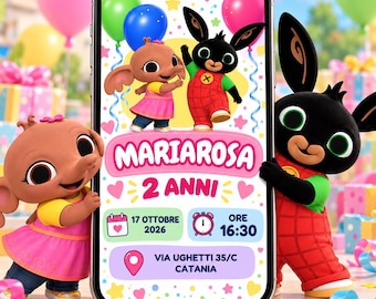 May include: A smartphone screen displaying a birthday invitation with Bing and Sula characters, the name MARIAROSA, 2 ANNI, the date 17 OTTOBRE 2026, time 16:30, and location VIA UGHETTI 35/C CATANIA, surrounded by colorful balloons and confetti.