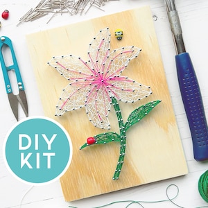 May include: DIY kit featuring a flower string art design on a wooden board. The flower has white petals with pink accents, green stem and leaves. Includes scissors, a hammer, and a spool of green thread. The text "DIY KIT" is in a teal circle.