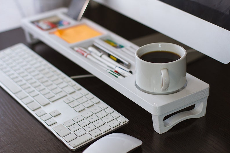 White Wood Desk Organizer Accessories Office Storage Decor Home Keyboard Rack Docking Station Unique Gift
