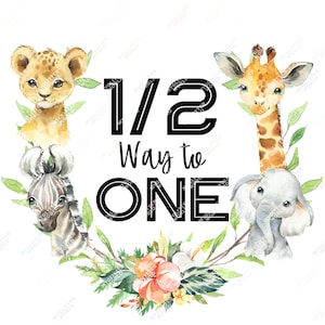 Halverwege naar EEN Safari Verjaardag PNG, Aquarel Safari Dieren, T-shirt Sublimatie Ontwerp, Verjaardag T-shirt Ontwerp, Safari Sublimatie png