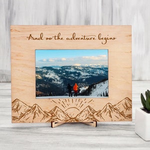 Personalized Photo Frame Gift for Travelers And So the Adventures Begin Mountain Picture Frame Engraved Frame Birthday Gift Wood Home Decor